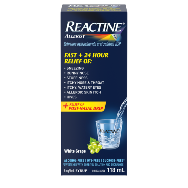 Reactine® Allergy Liquid, fast relief allergy medicine, white grape flavour, 118 mL