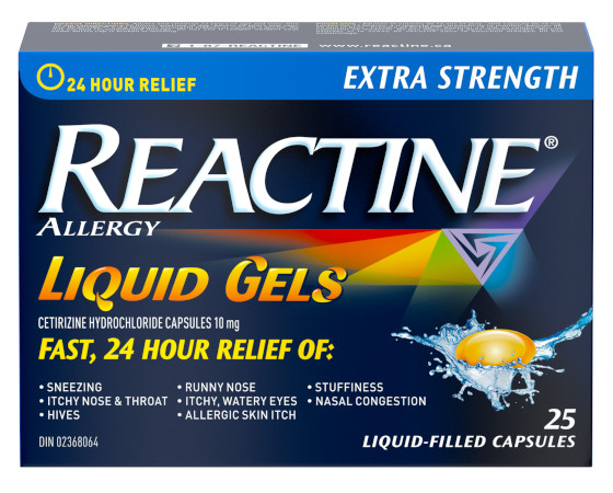 A packet of Reactine Extra Strength Antihistamine Liquid Gels 10mg, Cetirizine Hydrochloride, Allergy Medicine, 25 count.
