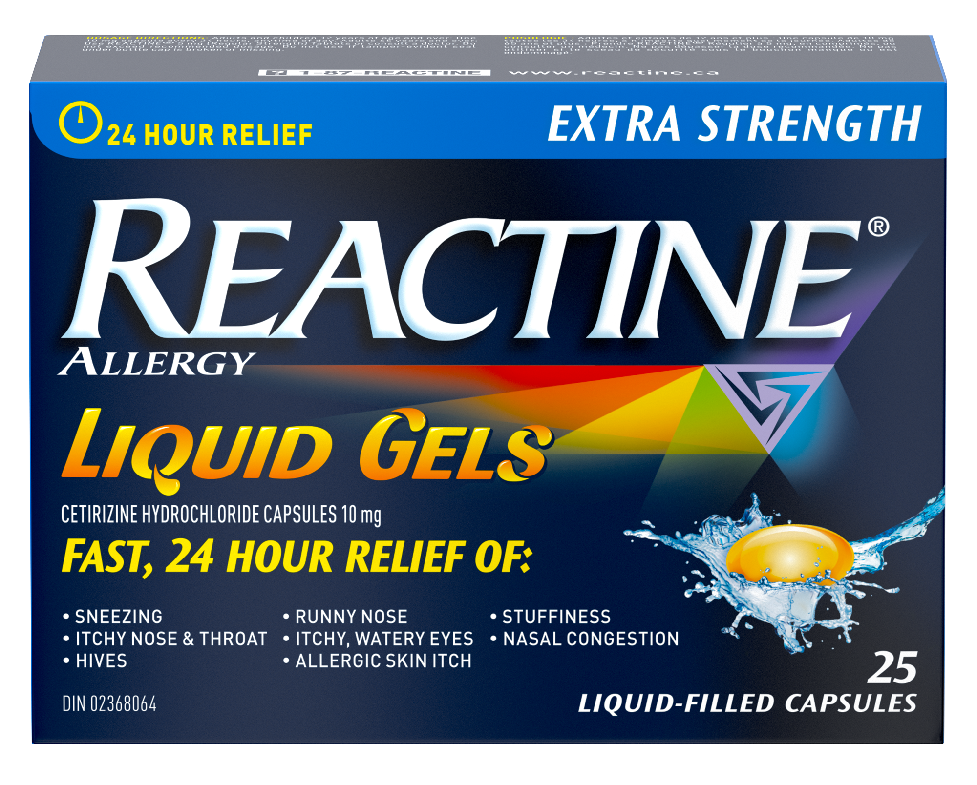 一盒Reactine特强型抗组胺片（10毫克），盐酸西替利嗪，过敏药，25片装。